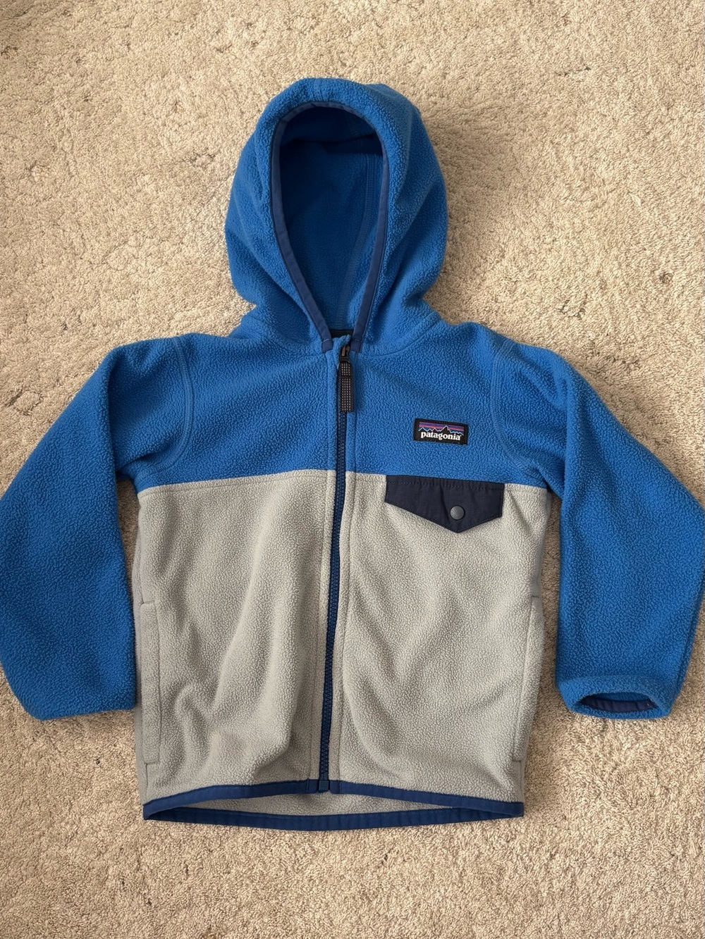 Patagonia Kids Blue and Light Gray Hooded Fleece Jacket